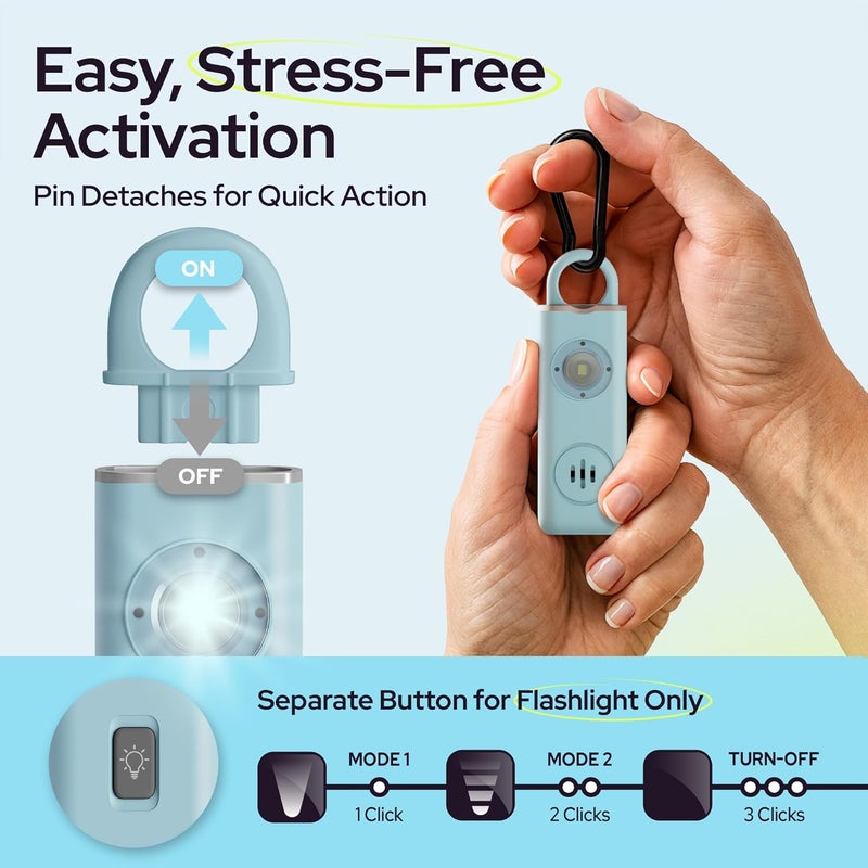 WETEN Personal Safety Alarm for Women - 130dB Loud Panic Siren Keychain 3 Pack - Rape Whistle - LED Light, Carabiner Clip, Low Battery Alert, USB-C Charging Self Defense Alarm (Black Pink Blue) - Image 3